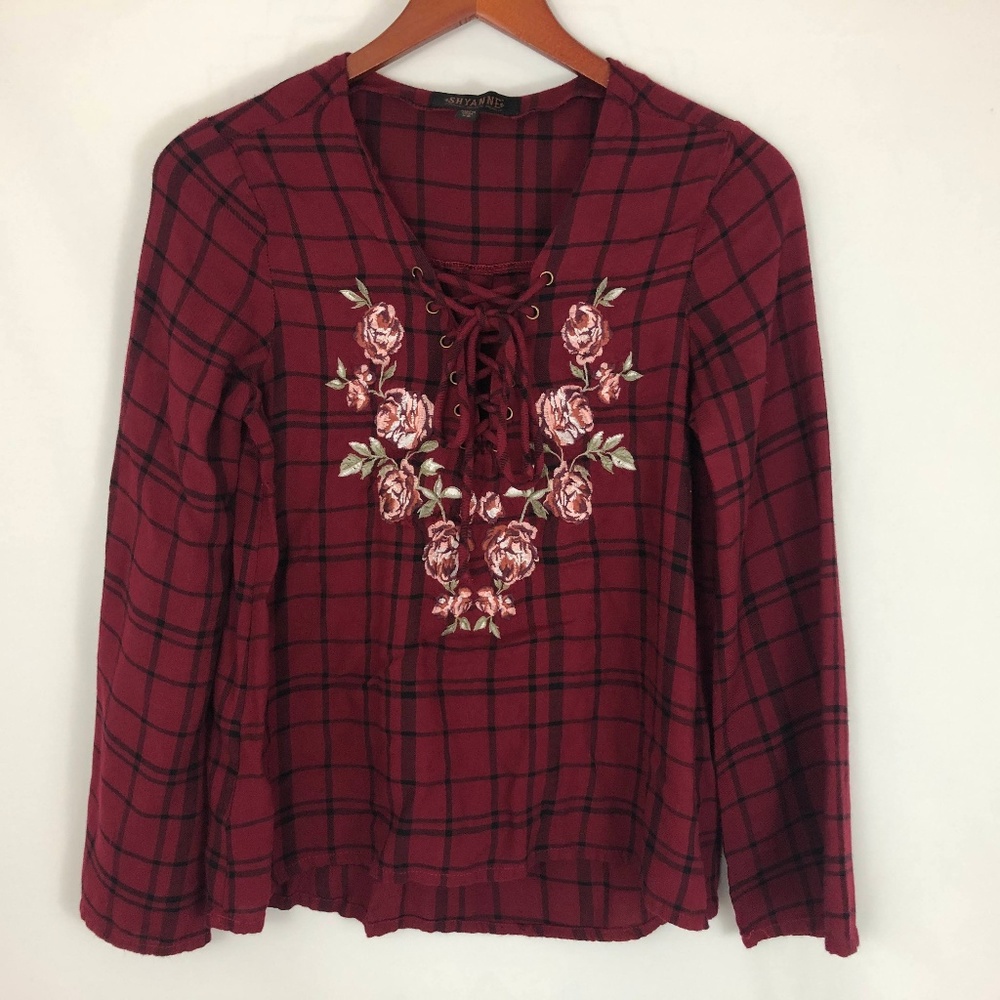 Shyanne Lace Up Plaid Long Sleeve Top Embroidery
